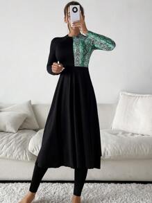 Contrast Snakeskin Print Full Body Burkini, For Summer Beach Vacation - Multicolor - View 1
