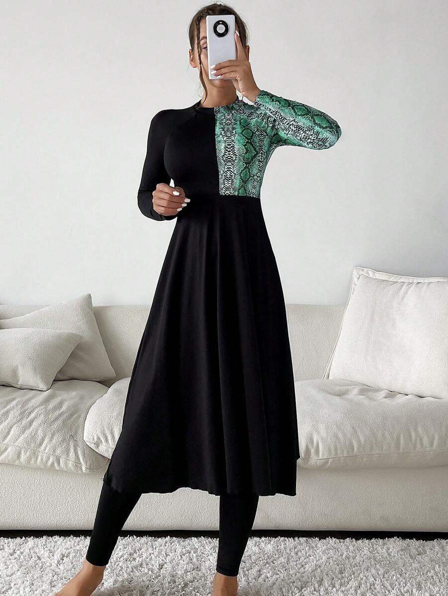 Contrast Snakeskin Print Full Body Burkini, For Summer Beach Vacation - Multicolor - View 1