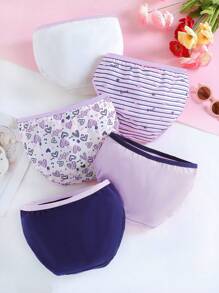 Tween Girl 5 buc Slip cu legături în dungi și imprimeu inimă