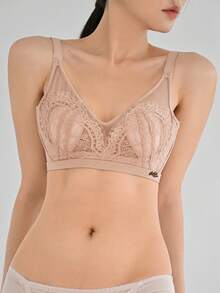 DAZY 女士撞色蕾丝无钢圈文胸内衣 - 藕粉色 - 查看 7