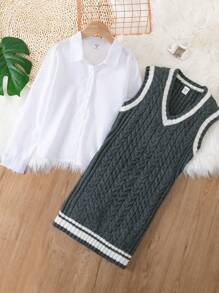 SHEIN Tween Girl Button Front Shirt & Striped Trim Jumper Dress - Multicolor - View 1