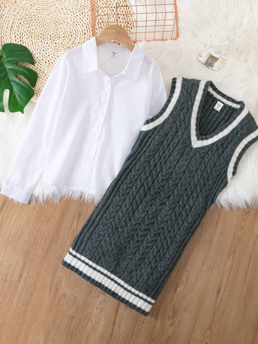 SHEIN Tween Girl Button Front Shirt & Striped Trim Jumper Dress - Multicolor - View 1