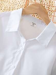 SHEIN Tween Girl Button Front Shirt & Striped Trim Jumper Dress - Multicolor - View 5