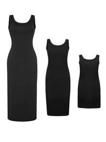 Women's Solid Color Round Neck Long Casual Dress - Black - View 8