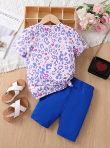 SHEIN Young Girl Cartoon & Letter Graphic Tee & Shorts, School, Campus, College - Blue - View 2