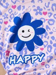 SHEIN Young Girl Cartoon & Letter Graphic Tee & Shorts, School, Campus, College - Blue - View 3