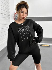 SHEIN Essnce Sudadera con estampado de letra de hombros caídos - Negro - Ver 4