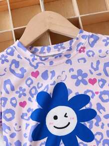 SHEIN Young Girl Cartoon & Letter Graphic Tee & Shorts, School, Campus, College - Blue - View 4