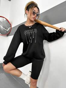 SHEIN Essnce Sudadera con estampado de letra de hombros caídos - Negro - Ver 6