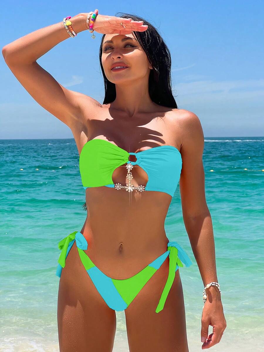Colorblock Bandeau Tie Side Bikini Set