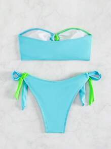 Colorblock Bandeau Tie Side Bikini Set