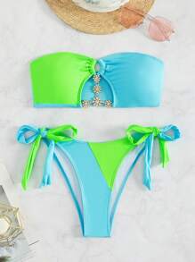 Colorblock Bandeau Tie Side Bikini Set