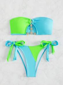 Colorblock Bandeau Tie Side Bikini Set