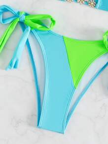 Colorblock Bandeau Tie Side Bikini Set