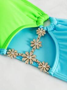 Colorblock Bandeau Tie Side Bikini Set