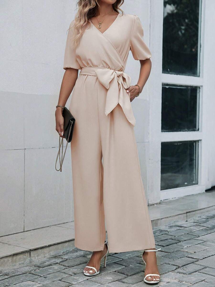 SHEIN Clasi Mono de pierna ancha unicolor con cinturón - Albaricoque - Ver 1