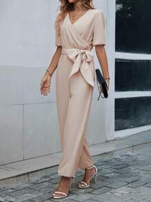 SHEIN Clasi Mono de pierna ancha unicolor con cinturón - Albaricoque - Ver 3