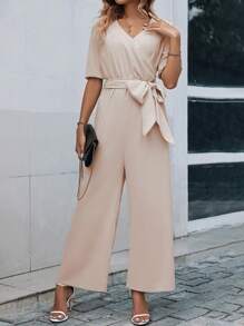 SHEIN Clasi Mono de pierna ancha unicolor con cinturón - Albaricoque - Ver 4