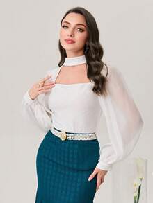 Modelyn 鎖脖領口燈籠袖前鏤空上衣 - 白色 - 查看 4