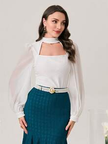 Modelyn 鎖脖領口燈籠袖前鏤空上衣 - 白色 - 查看 6