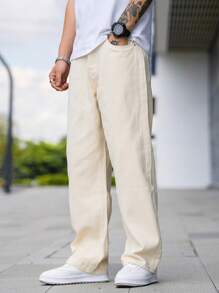 Manfinity Homme Jeans holgados con bolsillos en ángulo, liso, lavado, tipo cargo, jeans ligeros, para regalos de esposo o novio - Albaricoque - Ver 5