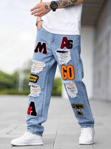 Manfinity LEGND Men Letter Patched Ripped Frayed Patched Jeans