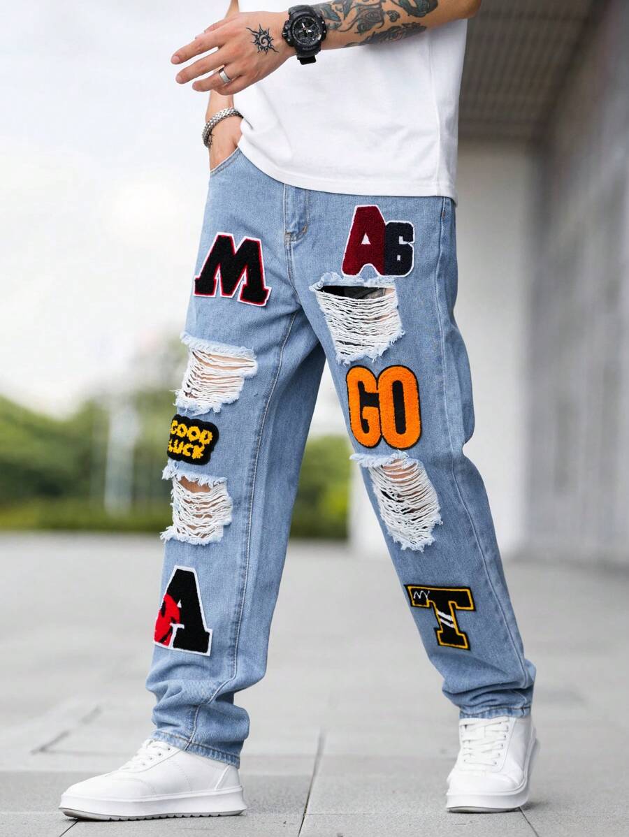 Manfinity LEGND Men Letter Patched Ripped Frayed Patched Jeans