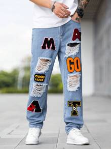 Manfinity LEGND Men Letter Patched Ripped Frayed Patched Jeans