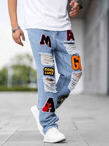 Manfinity LEGND Men Letter Patched Ripped Frayed Patched Jeans