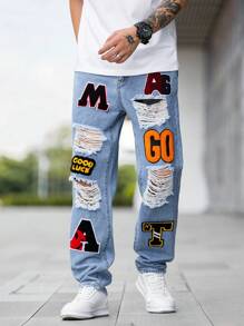 Manfinity LEGND Men Letter Patched Ripped Frayed Patched Jeans