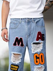 Manfinity LEGND Men Letter Patched Ripped Frayed Patched Jeans