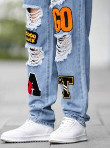 Manfinity LEGND Men Letter Patched Ripped Frayed Patched Jeans