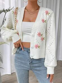 SHEIN Privé Thêu hoa Dệt kim chấm bi Thả vai Áo len Mở - Màu be - Xem 4
