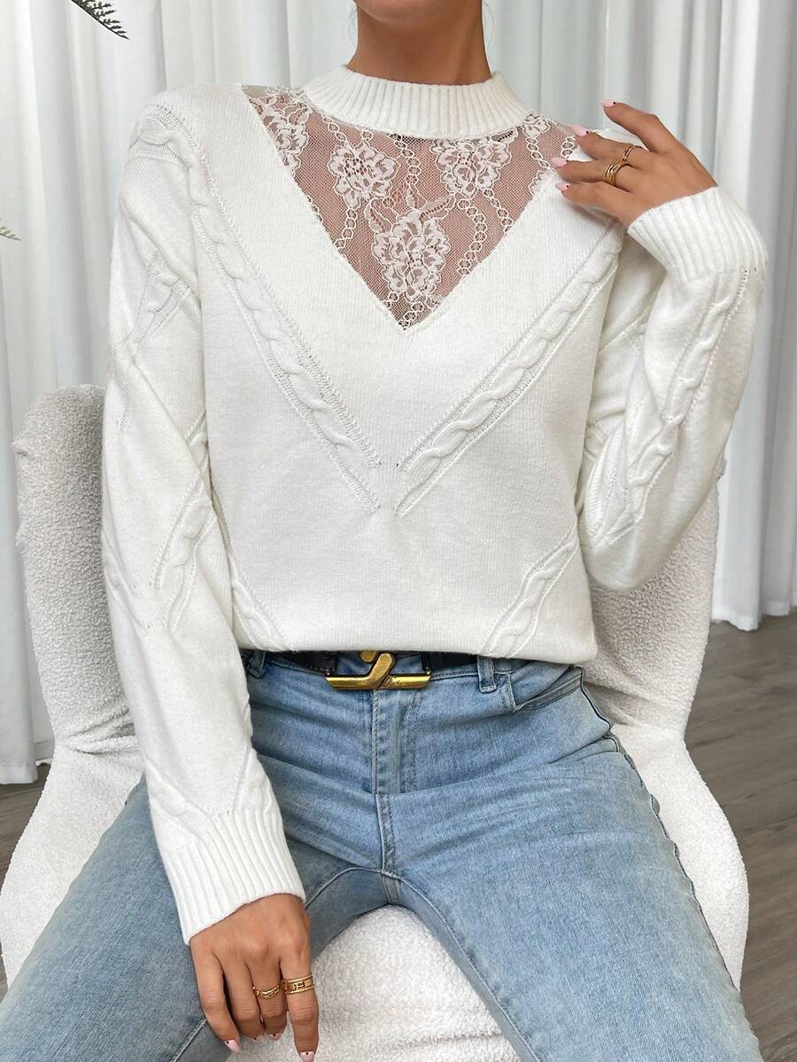 SHEIN Privé Ren tương phản Cổ giả Thả vai Áo len - Màu be - Xem 1