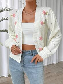 SHEIN Privé Thêu hoa Dệt kim chấm bi Thả vai Áo len Mở - Màu be - Xem 6