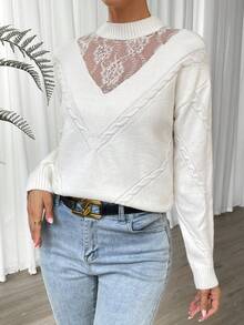 SHEIN Privé Ren tương phản Cổ giả Thả vai Áo len - Màu be - Xem 3