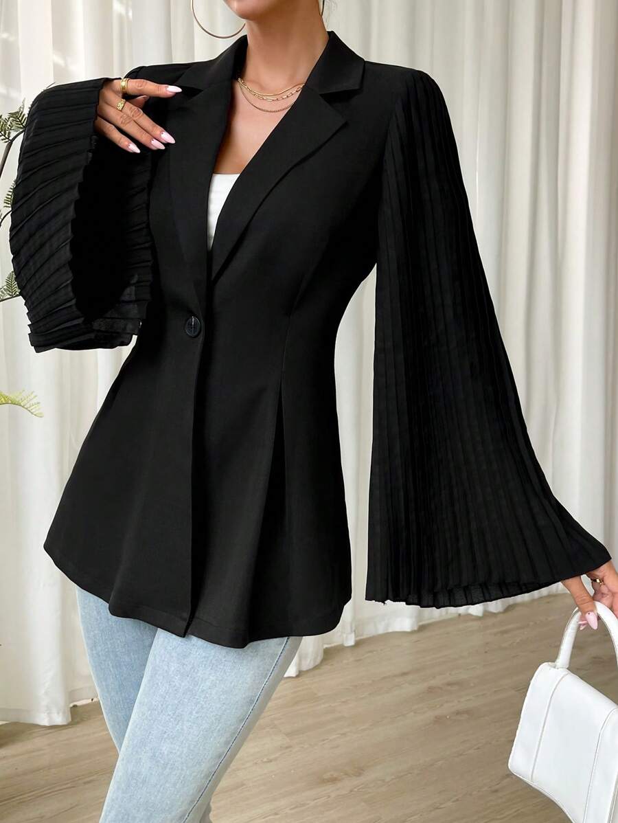 Chiquease Pleated Flounce Sleeve Single Button Blazer - Black - View 1