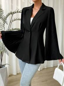 Chiquease Pleated Flounce Sleeve Single Button Blazer - Black - View 4