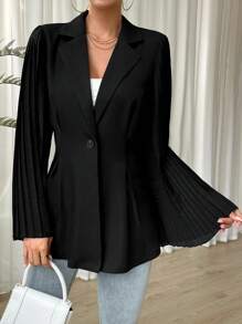 Chiquease Pleated Flounce Sleeve Single Button Blazer - Black - View 7