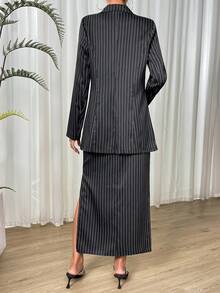 SHEIN Privé In sọc Áo vest & Tách đùi Váy - Đen và trắng - Xem 2