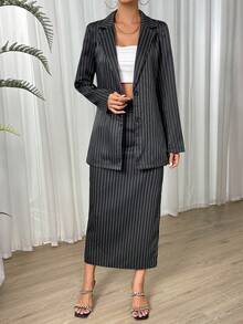 SHEIN Privé In sọc Áo vest & Tách đùi Váy - Đen và trắng - Xem 5