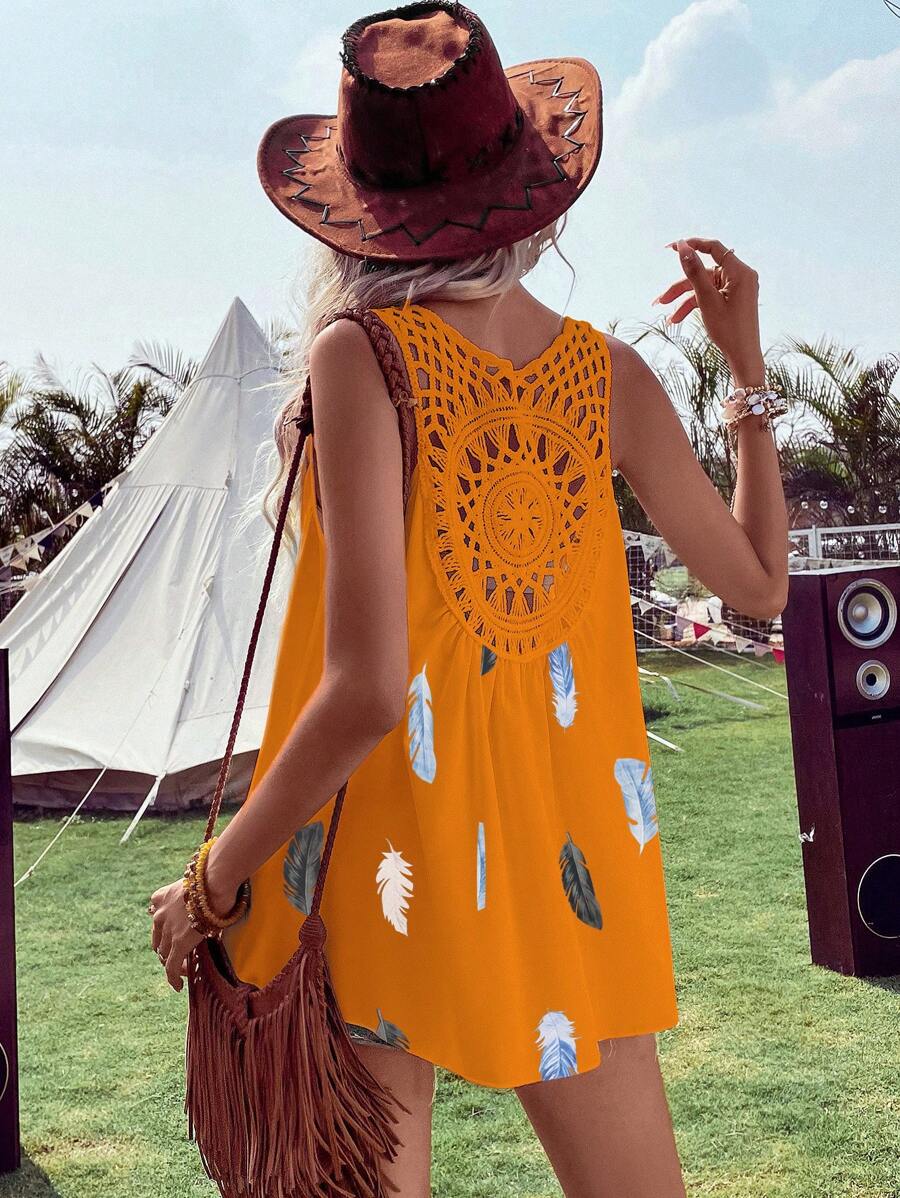 SHEIN VCAY Feather Print Hollow Out Blouse - Orange - View 1