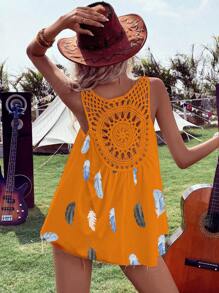 SHEIN VCAY Feather Print Hollow Out Blouse - Orange - View 2