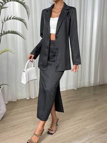 SHEIN Privé In sọc Áo vest & Tách đùi Váy - Đen và trắng - Xem 7