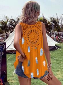 SHEIN VCAY Feather Print Hollow Out Blouse - Orange - View 3