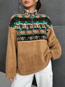 SHEIN EZwear Geo Print Drop Shoulder Teddy Sweatshirt,Long Sleeve Tops In Fall/Winter - Multicolor - View 3