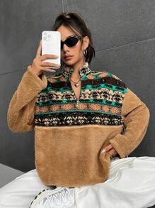SHEIN EZwear Geo Print Drop Shoulder Teddy Sweatshirt,Long Sleeve Tops In Fall/Winter - Multicolor - View 5