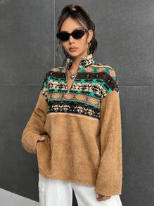 SHEIN EZwear Geo Print Drop Shoulder Teddy Sweatshirt,Long Sleeve Tops In Fall/Winter - Multicolor - View 6