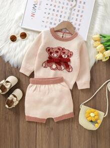 Baby Girl Bear Pattern Contrast Binding Sweater & Knit Shorts - Baby Pink - View 1