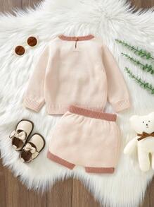 Baby Girl Bear Pattern Contrast Binding Sweater & Knit Shorts - Baby Pink - View 2